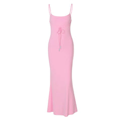 U neck self tie backless solid cami maxi dress