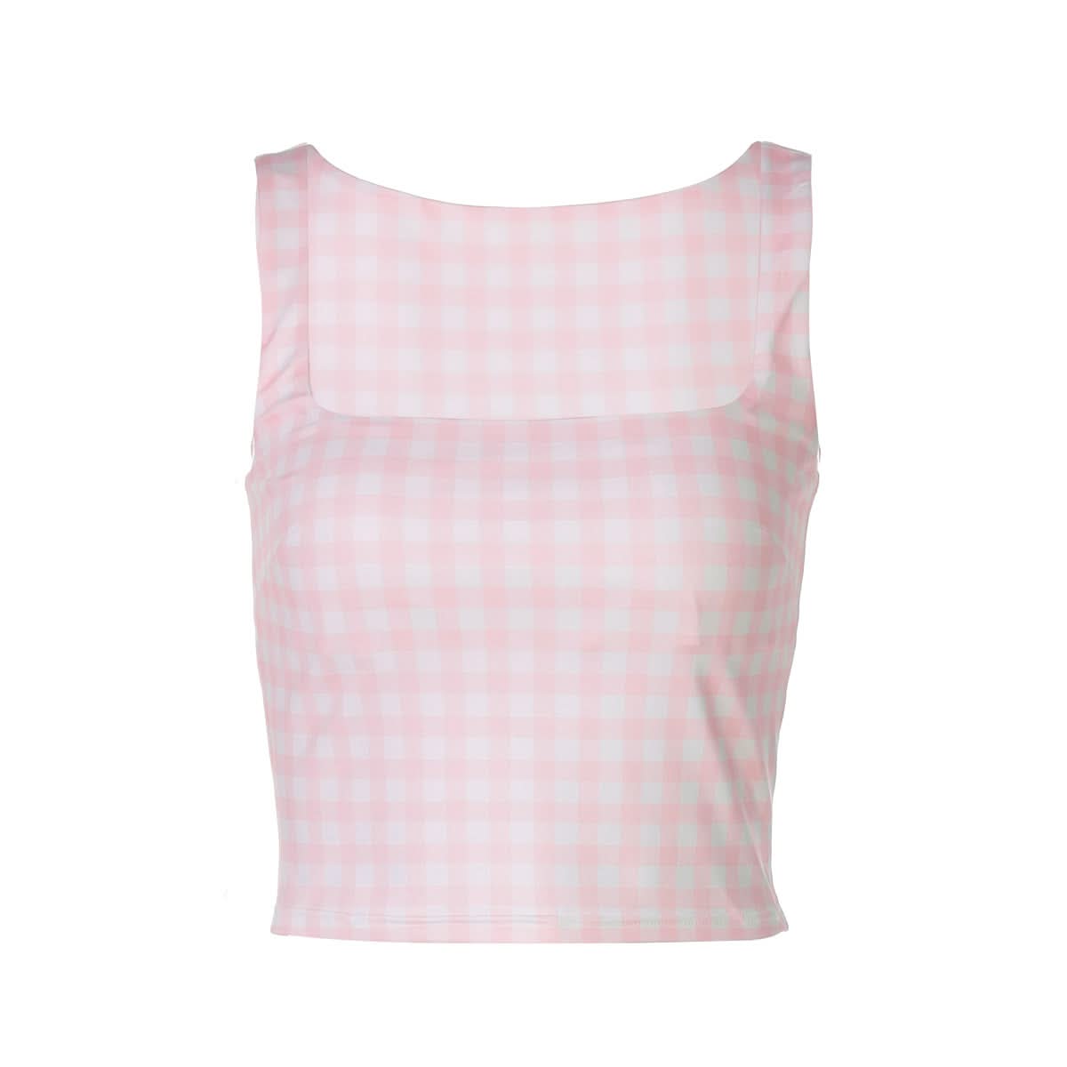 Plaid square neck contrast tank top