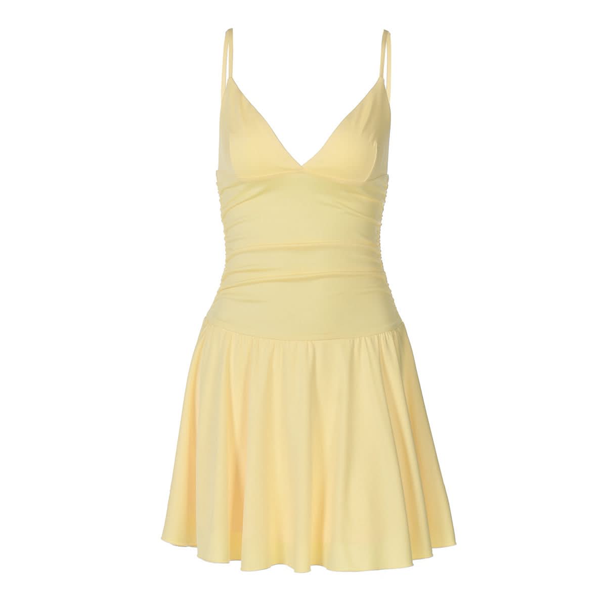 V neck ruched backless cami solid mini dress