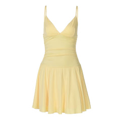 V neck ruched backless cami solid mini dress