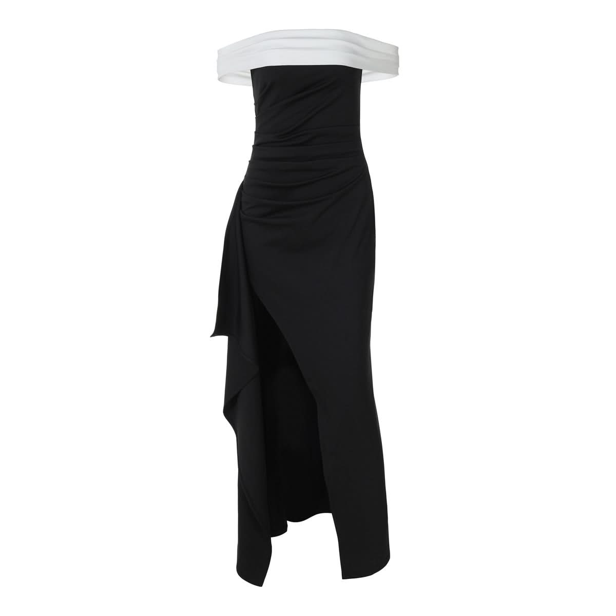 Off shoulder irregular slit pleated maxi dress