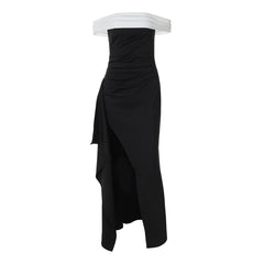 Off shoulder irregular slit pleated maxi dress