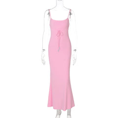 U neck self tie backless solid cami maxi dress