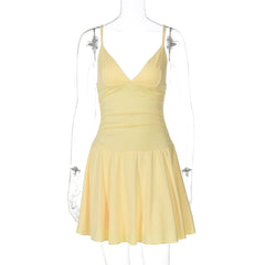 V neck ruched backless cami solid mini dress