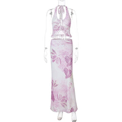 Ruffle halter v neck print mesh maxi skirt set