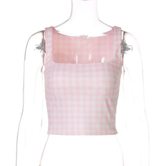 Plaid square neck contrast tank top