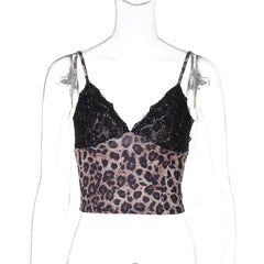 Leopard print v neck lace hem cami top