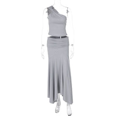 Irregular one shoulder ruched maxi skirt set