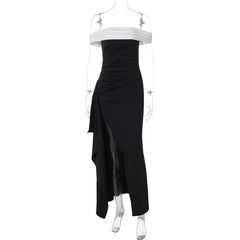 Off shoulder irregular slit pleated maxi dress
