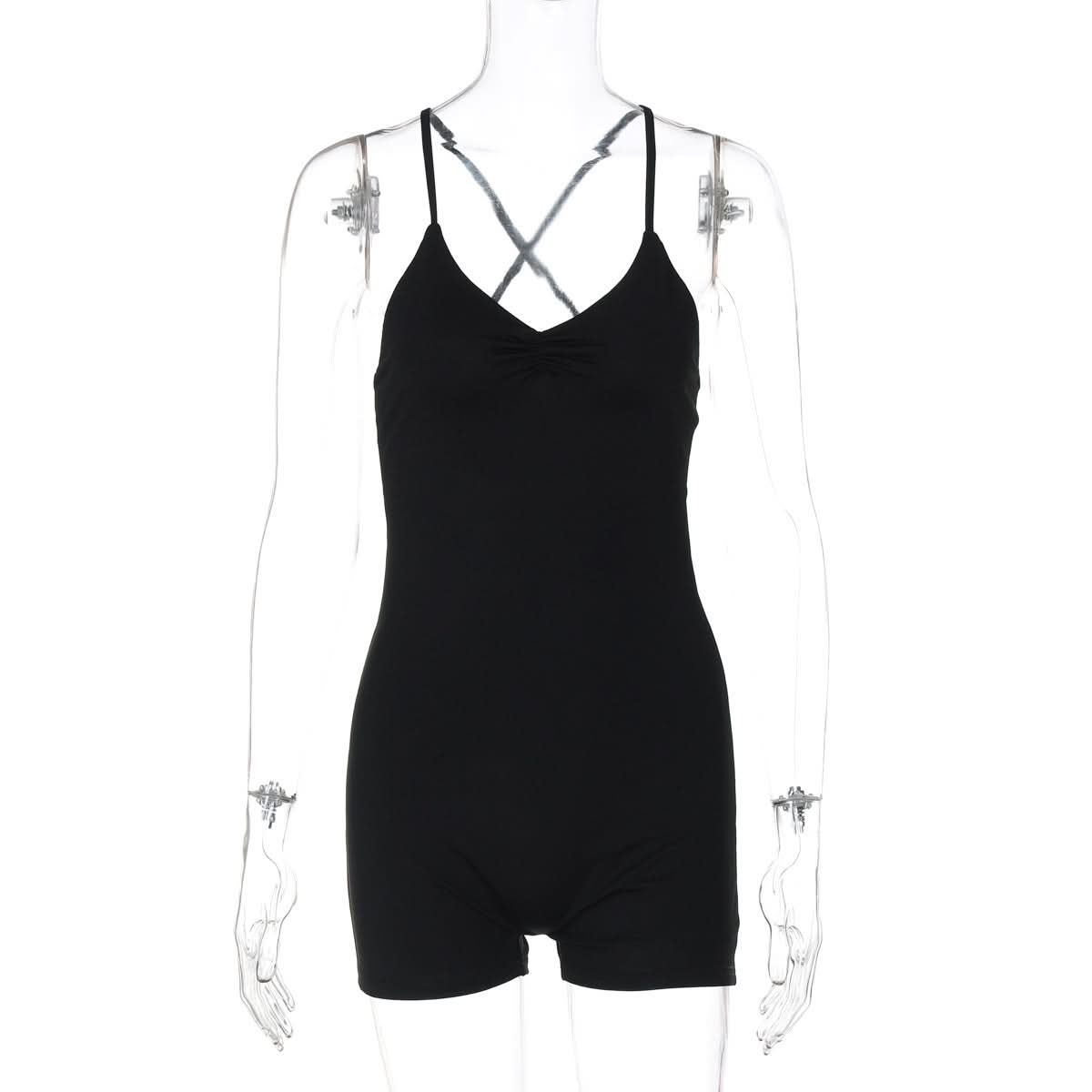 Cross back ruched v neck cami romper