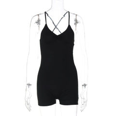 Cross back ruched v neck cami romper