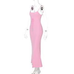 U neck self tie backless solid cami maxi dress