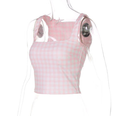Plaid square neck contrast tank top