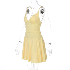 V neck ruched backless cami solid mini dress