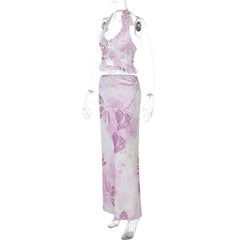 Ruffle halter v neck print mesh maxi skirt set