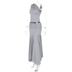 Irregular one shoulder ruched maxi skirt set