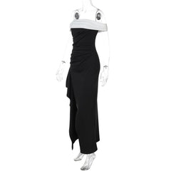 Off shoulder irregular slit pleated maxi dress