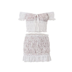 Off shoulder ruched lace short sleeve mini skirt set
