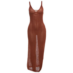 Hollow out u neck see through slit cami cut out maxi dress