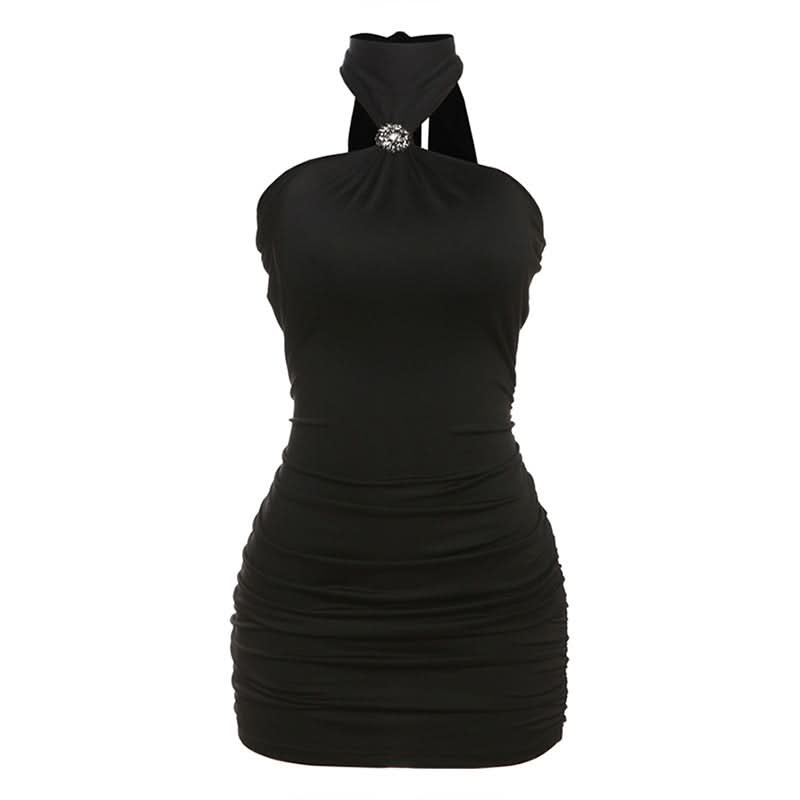 Self tie halter ruched backless mini dress