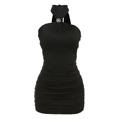 Self tie halter ruched backless mini dress