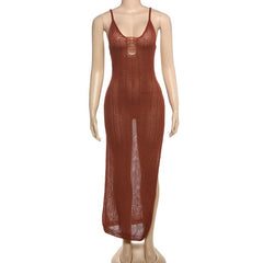 Hollow out u neck see through slit cami cut out maxi dress