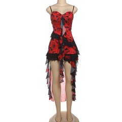 Mesh v neck ruffle print cami mini dress