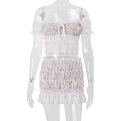 Off shoulder ruched lace short sleeve mini skirt set