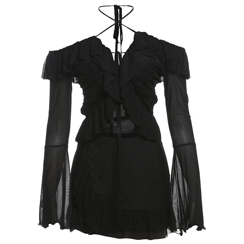 Long flared sleeve halter mesh ruffle mini skirt set