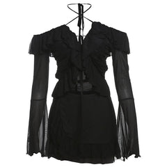 Long flared sleeve halter mesh ruffle mini skirt set