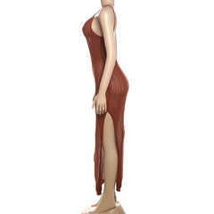 Hollow out u neck see through slit cami cut out maxi dress