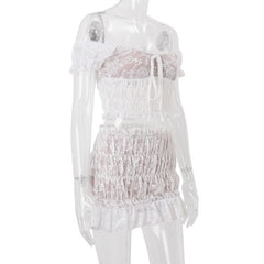 Off shoulder ruched lace short sleeve mini skirt set