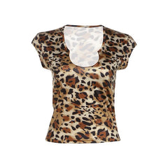 Leopard print u neck cap sleeve top