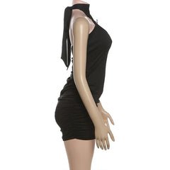 Self tie halter ruched backless mini dress