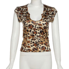 Leopard print u neck cap sleeve top