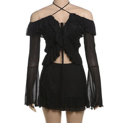 Long flared sleeve halter mesh ruffle mini skirt set
