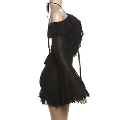 Long flared sleeve halter mesh ruffle mini skirt set