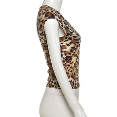 Leopard print u neck cap sleeve top