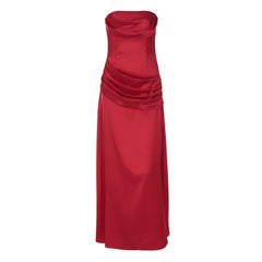 Satin pleated zip-up solid tube maxi dress