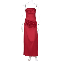 Satin pleated zip-up solid tube maxi dress