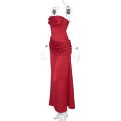 Satin pleated zip-up solid tube maxi dress