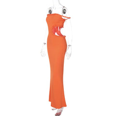 Hollow out off shoulder irregular solid cut out maxi dress