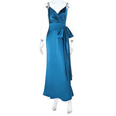 Bowknot self tie v neck satin cami maxi dress