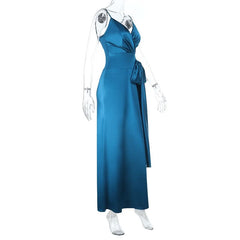 Bowknot self tie v neck satin cami maxi dress