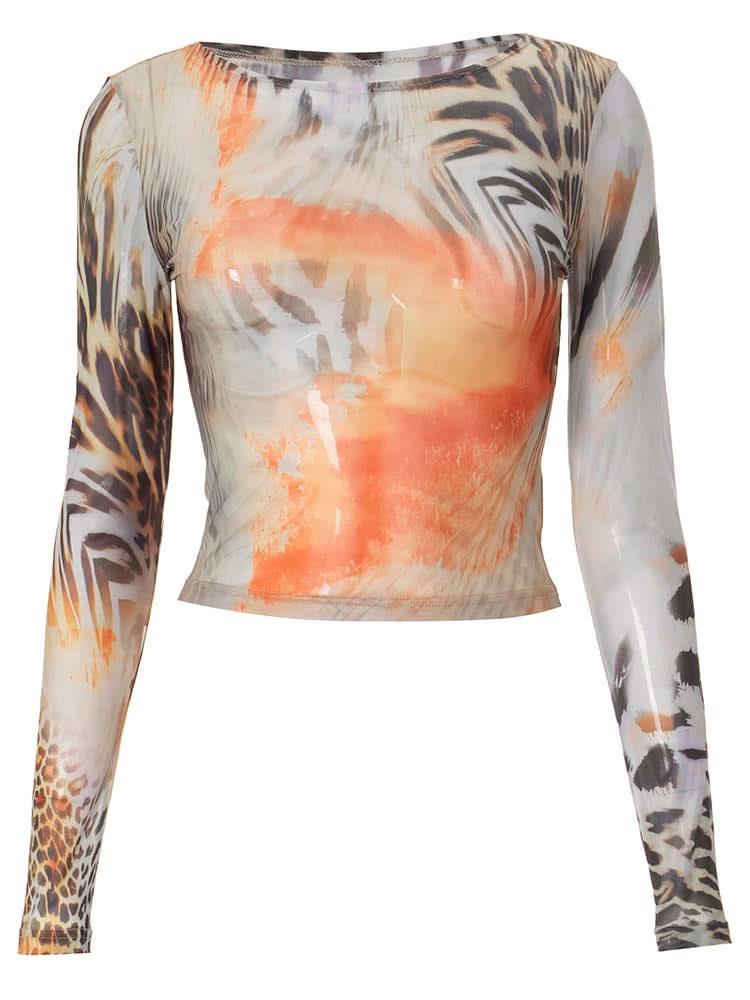 Long sleeve crewneck print mesh top