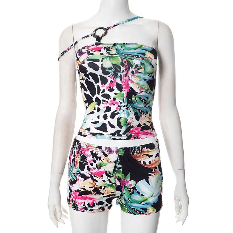 Irregular o ring print low rise pant set