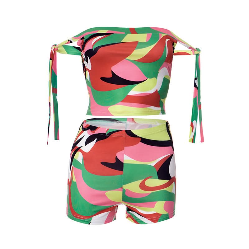 Off shoulder print self tie medium rise pant set