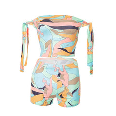Off shoulder print self tie medium rise pant set