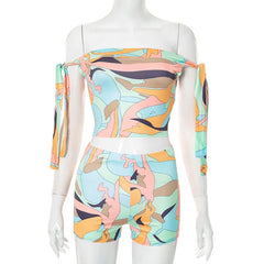 Off shoulder print self tie medium rise pant set