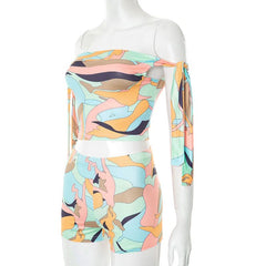 Off shoulder print self tie medium rise pant set